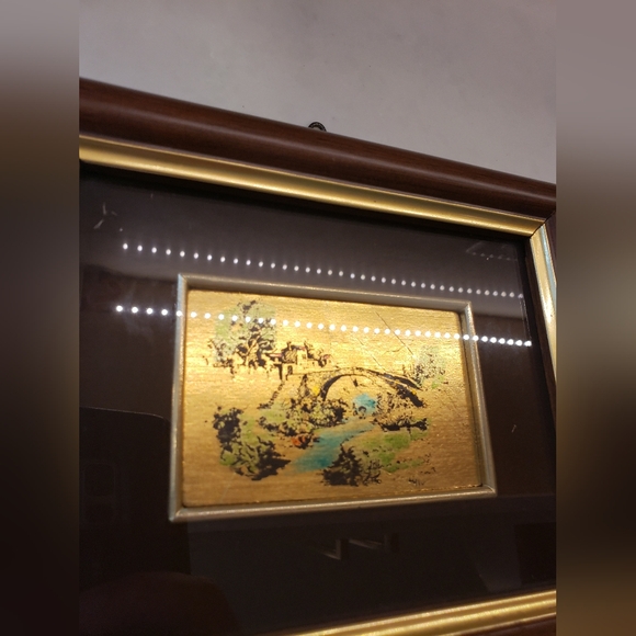 Vintage Italian Picture of a Bridge, Stream &Nature on hand-painted on gold leaf - Picture 6 of 10